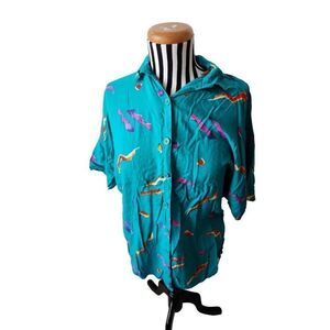 Vintage 80s California Krush Turquoise Blue Button Up Shirt L Geometric